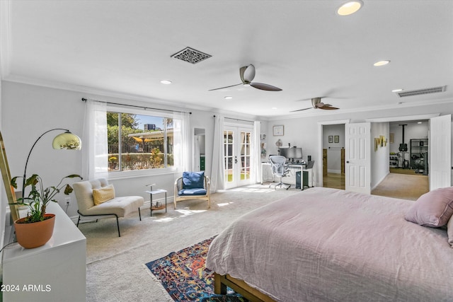 bedroom with light carpet, ceiling fan, access to exterior, and crown molding