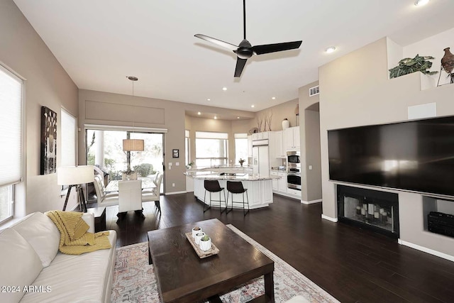 living room featuring ceiling fan and dark wood-type flooring