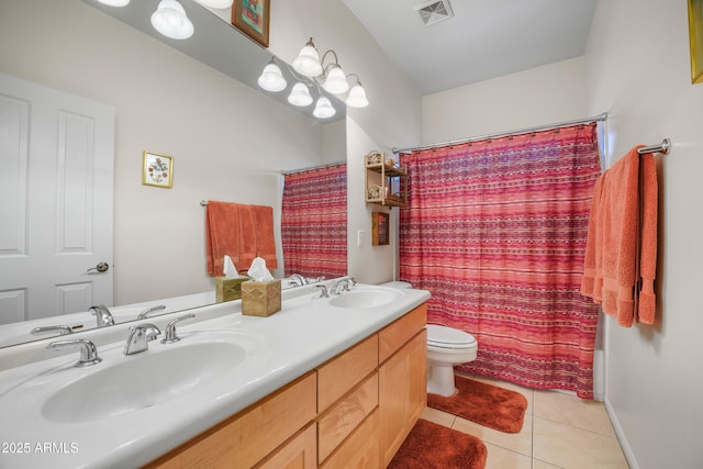 full bathroom with shower / bath combination with curtain, vanity, toilet, and tile patterned floors