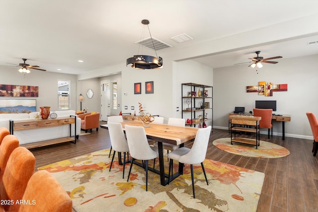 20684 W Meadowbrook Ave, Buckeye, AZ 85396 - dining area featuring wood finished floors, a ceiling fan, a desk, and recessed lighting