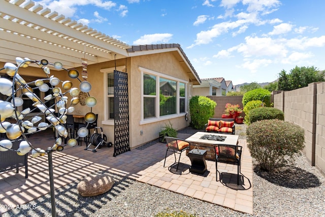 20684 W Meadowbrook Ave, Buckeye, AZ 85396 - fenced backyard with a fire pit, a patio area, and a pergola