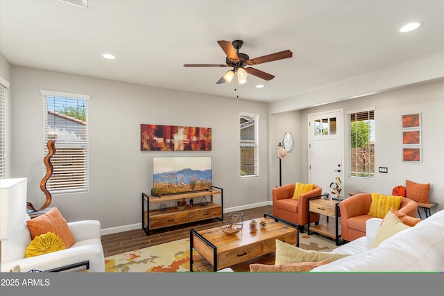 20684 W Meadowbrook Ave, Buckeye, AZ 85396 - living room featuring a ceiling fan and recessed lighting