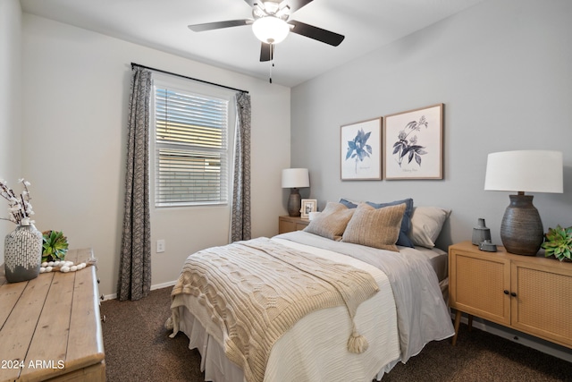 carpeted bedroom featuring ceiling fan