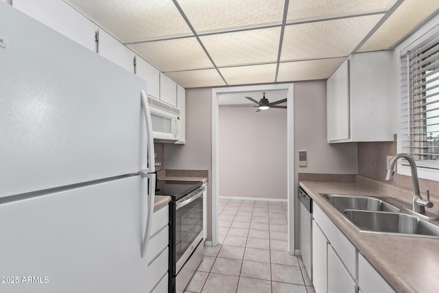 kitchen with sink, ceiling fan, white cabinets, and appliances with stainless steel finishes