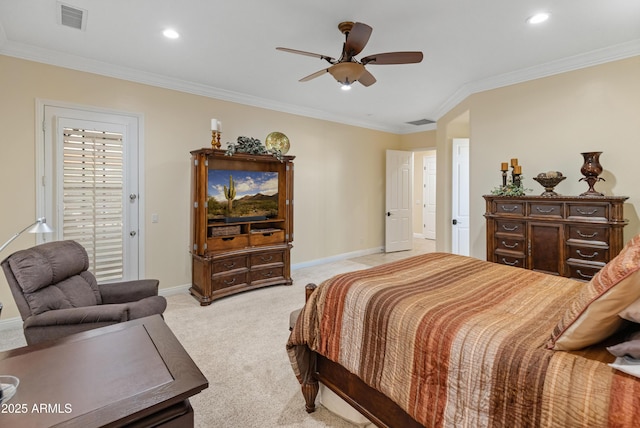 bedroom with light carpet, crown molding, access to outside, and ceiling fan