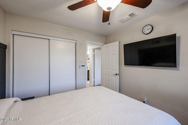 bedroom featuring ceiling fan and a closet