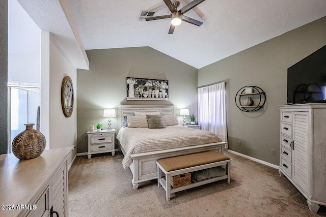 carpeted bedroom featuring ceiling fan and lofted ceiling