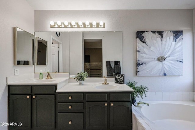 bathroom with a relaxing tiled tub and vanity