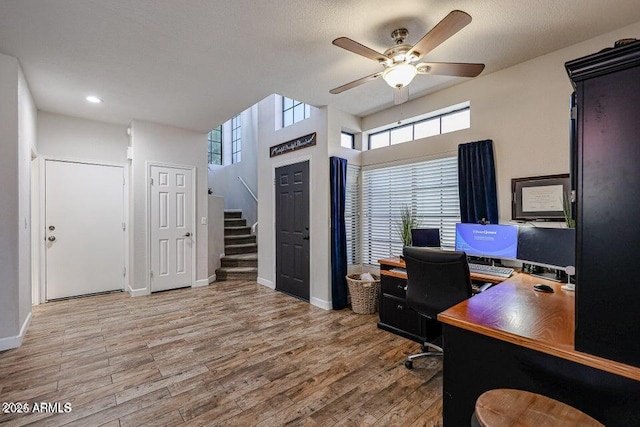 office with ceiling fan and light hardwood / wood-style flooring