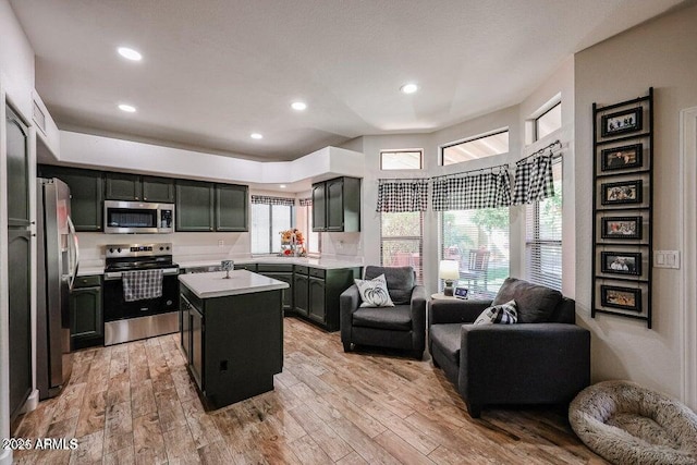 kitchen with a center island, light hardwood / wood-style flooring, and appliances with stainless steel finishes