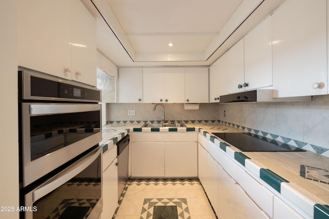 kitchen with sink, white cabinets, backsplash, a tray ceiling, and stainless steel appliances