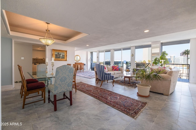 dining space featuring a raised ceiling