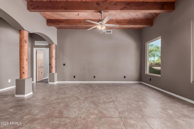 5347 E 10th Ave, Apache Junction, AZ 85119 - spare room featuring arched walkways, ceiling fan, light tile patterned floors, and a wood ceiling with exposed beams