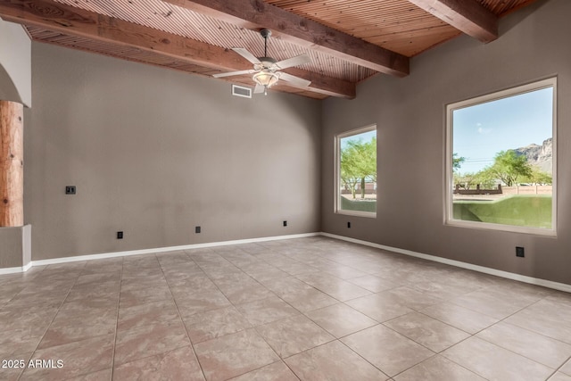 5347 E 10th Ave, Apache Junction, AZ 85119 - spare room with a ceiling fan, light tile patterned flooring, and a wooden ceiling with exposed beams