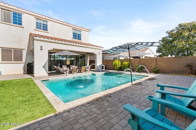 view of swimming pool with a patio area and pool water feature