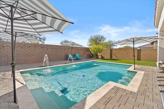 view of pool with pool water feature and a patio