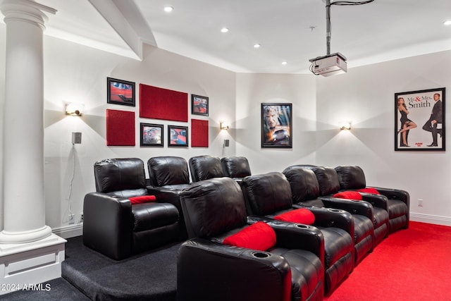 home theater featuring carpet flooring and decorative columns