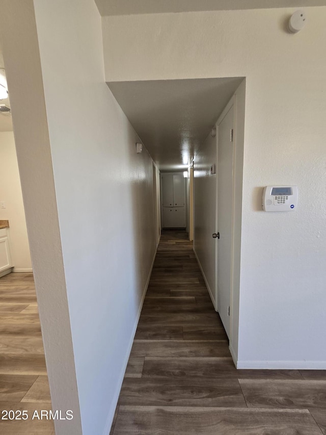 hallway with dark hardwood / wood-style flooring