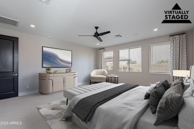 carpeted bedroom featuring baseboards, recessed lighting, and ceiling fan