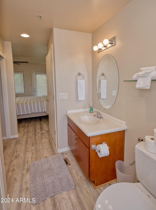 bathroom featuring hardwood / wood-style flooring, vanity, and toilet