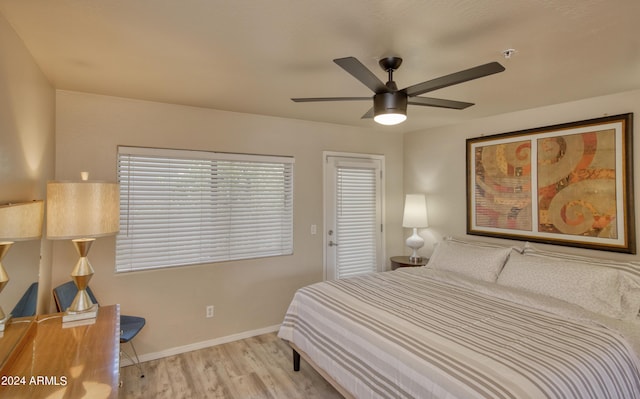 bedroom featuring light hardwood / wood-style flooring and ceiling fan