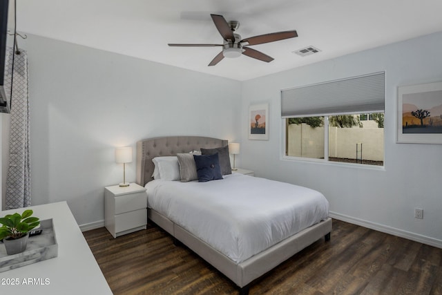 bedroom with baseboards, visible vents, ceiling fan, and dark wood-style flooring