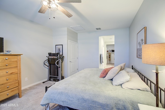 bedroom featuring visible vents, baseboards, a ceiling fan, and light colored carpet