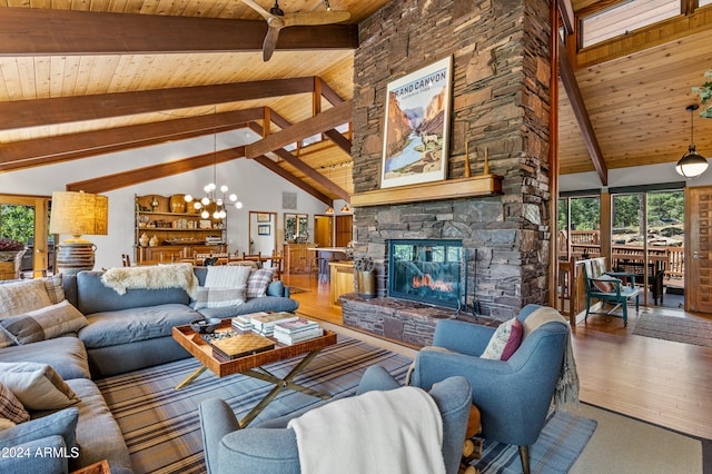 living room featuring wooden ceiling, a stone fireplace, beam ceiling, and high vaulted ceiling