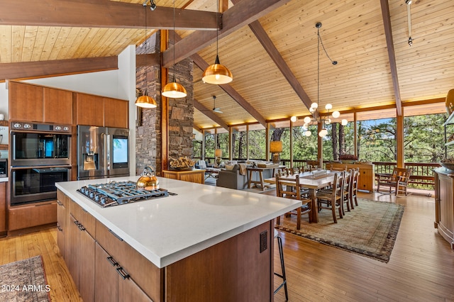 kitchen with high vaulted ceiling, light hardwood / wood-style flooring, appliances with stainless steel finishes, and decorative light fixtures