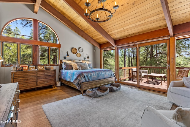 bedroom with light hardwood / wood-style floors, access to exterior, beam ceiling, and multiple windows