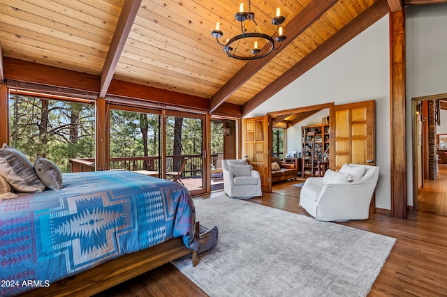 bedroom with beam ceiling, wood ceiling, and dark hardwood / wood-style flooring