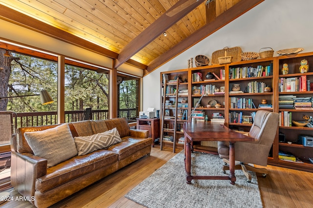 home office featuring high vaulted ceiling, light hardwood / wood-style flooring, beam ceiling, and wooden ceiling