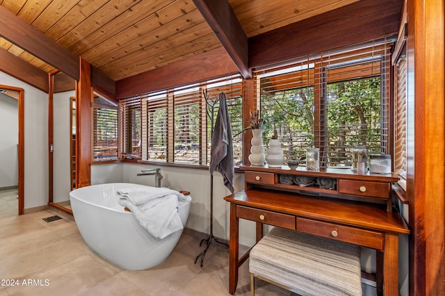 interior space featuring wood ceiling and beam ceiling