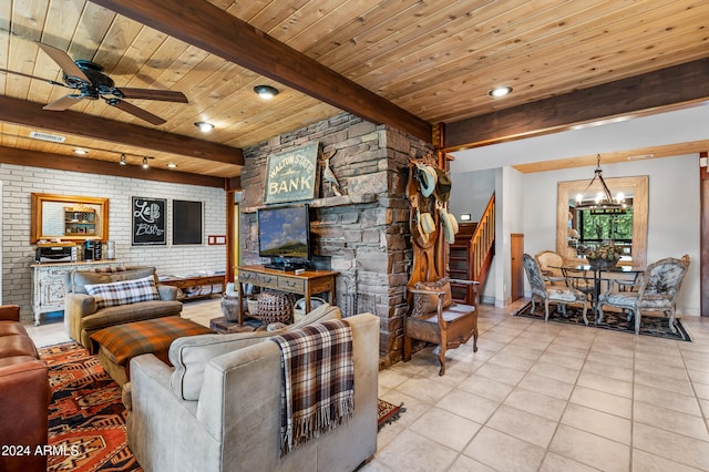 living room featuring ceiling fan with notable chandelier, beamed ceiling, wood ceiling, and light tile patterned floors