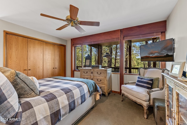 bedroom featuring carpet, ceiling fan, and a closet