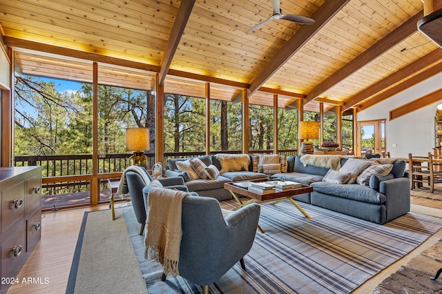 living room featuring high vaulted ceiling, light hardwood / wood-style floors, beamed ceiling, wooden ceiling, and ceiling fan