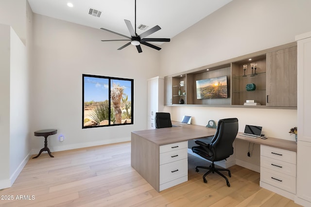 39419 N 7th Ave, Phoenix, AZ 85086 - office area with ceiling fan, light wood finished floors, a towering ceiling, baseboards, and recessed lighting