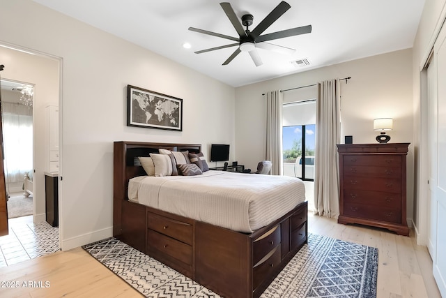 39419 N 7th Ave, Phoenix, AZ 85086 - bedroom featuring light wood-style floors, access to outside, baseboards, ceiling fan, and recessed lighting