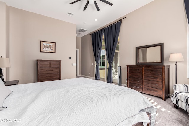 bedroom with carpet flooring, access to outside, and ceiling fan