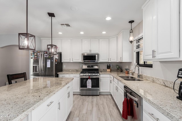 kitchen with white cabinetry, recessed lighting, a sink, and stainless steel appliances