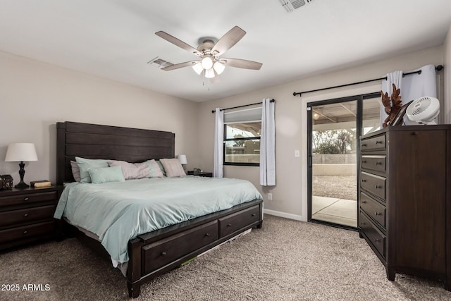 carpeted bedroom featuring baseboards, visible vents, a ceiling fan, and access to outside