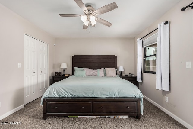 carpeted bedroom featuring baseboards, ceiling fan, and a closet