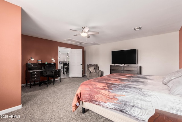 bedroom with carpet flooring, a ceiling fan, baseboards, and visible vents