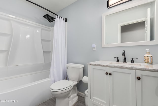 bathroom featuring visible vents, toilet, shower / tub combo, and vanity