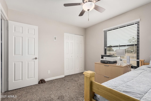bedroom with a closet, carpet flooring, baseboards, and a ceiling fan