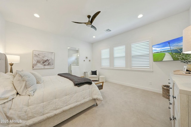 bedroom featuring baseboards, visible vents, recessed lighting, light colored carpet, and a ceiling fan