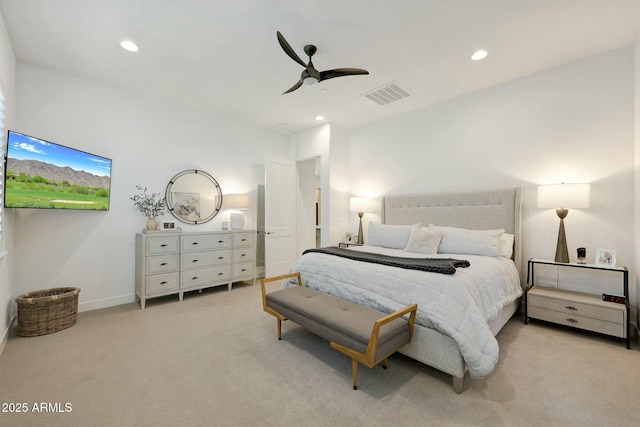 bedroom with a ceiling fan, visible vents, carpet, and recessed lighting