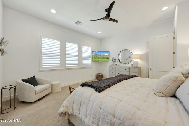 bedroom with a ceiling fan, carpet, baseboards, visible vents, and recessed lighting