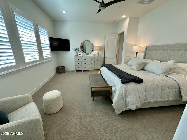 carpeted bedroom with visible vents, a ceiling fan, baseboards, and recessed lighting