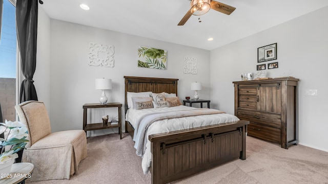 27636 W Runion Dr, Buckeye, AZ 85396 - bedroom with light colored carpet, recessed lighting, and ceiling fan
